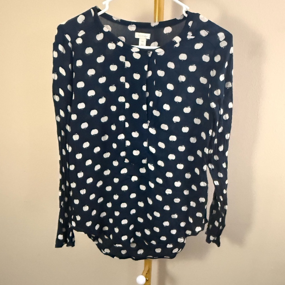 Anthropologie Hinge Navy Apple Print Long Sleeve Blouse Size XS